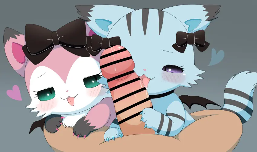 Image female,hi_res,licking,male,penis,tongue,duo,male/female,anthro,green_eyes,absurd_res,fur,genitals,mammal,claws,feline,blue_body,disembodied_penis,sega,blue_fur,pink_body,felid,domestic_cat,felis,ribbons,pink_fur,sanrio,azuo,beatcats,mia_(beatcats),sega_fave,sega_toys,:3p,chelsea_(beatcats)