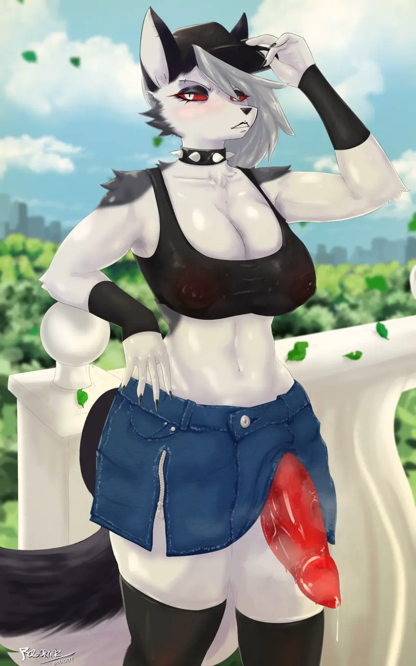 Image blush,breasts,clothed,clothing,female,hi_res,solo,cum,cum_drip,penis,tail,hat,erection,futanari,intersex,headwear,digital_drawing_(artwork),digital_media_(artwork),headgear,shaded,teeth,hair,anthro,piercing,mythology,demon,absurd_res,genital_fluids,collar,bodily_fluids,canid,canine,canis,fur,genitals,mammal,wolf,shorts,legwear,thigh_highs,2024,white_body,dripping,signature,animal_genitalia,animal_penis,canine_genitalia,canine_penis,herm,mythological_canine,mythological_creature,canid_demon,hellhound,helluva_boss,loona_(helluva_boss),topwear,detailed_background,white_fur,denim,bottomwear,9:16,red_sclera,cutoffs,denim_bottomwear,denim_clothing,brradett