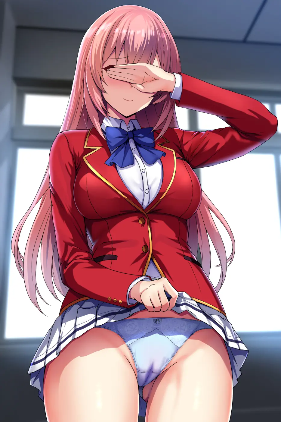 Image bow,breasts,collared_shirt,female,highres,large_breasts,long_hair,shirt,smile,solo,pussy,panties,underwear,ass_visible_through_thighs,pink_hair,school_uniform,wet,indoors,cameltoe,lifted_by_self,miniskirt,skirt,closed_mouth,white_shirt,pleated_skirt,commentary_request,jacket,clothes_lift,skirt_lift,wet_clothes,blurry,blurry_background,bowtie,facing_viewer,white_skirt,blazer,black_thighhighs,red_jacket,wet_panties,blue_panties,pussy_juice_stain,blue_bow,blue_bowtie,covering_own_eyes,classroom_of_the_elite,ichinose_honami_(cote),daiaru,advanced_nurturing_high_school_uniform,youkoso_jitsuryoku_shijou_shugi_no_kyoushitsu_e