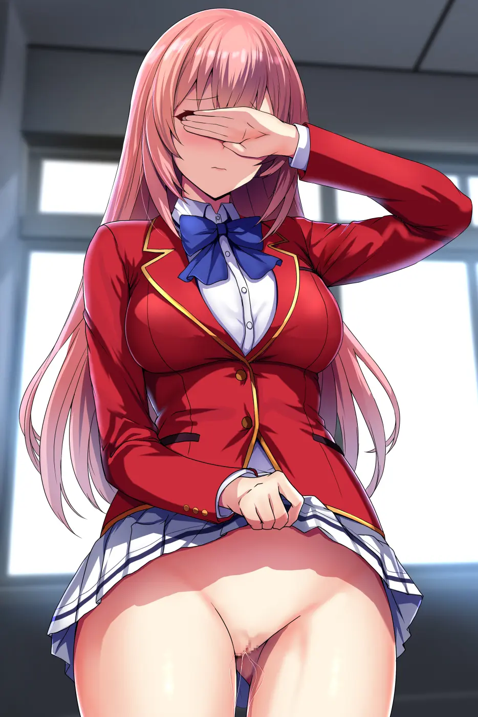 Image bow,breasts,collared_shirt,female,highres,large_breasts,long_hair,shirt,solo,pussy,underwear,ass_visible_through_thighs,pink_hair,pussy_juice,school_uniform,censored,mosaic_censoring,indoors,cameltoe,lifted_by_self,miniskirt,skirt,no_panties,closed_mouth,white_shirt,pleated_skirt,commentary_request,jacket,clothes_lift,skirt_lift,blurry,blurry_background,bowtie,facing_viewer,white_skirt,blazer,black_thighhighs,red_jacket,blue_bow,blue_bowtie,covering_own_eyes,classroom_of_the_elite,ichinose_honami_(cote),daiaru,advanced_nurturing_high_school_uniform,youkoso_jitsuryoku_shijou_shugi_no_kyoushitsu_e,light_frown