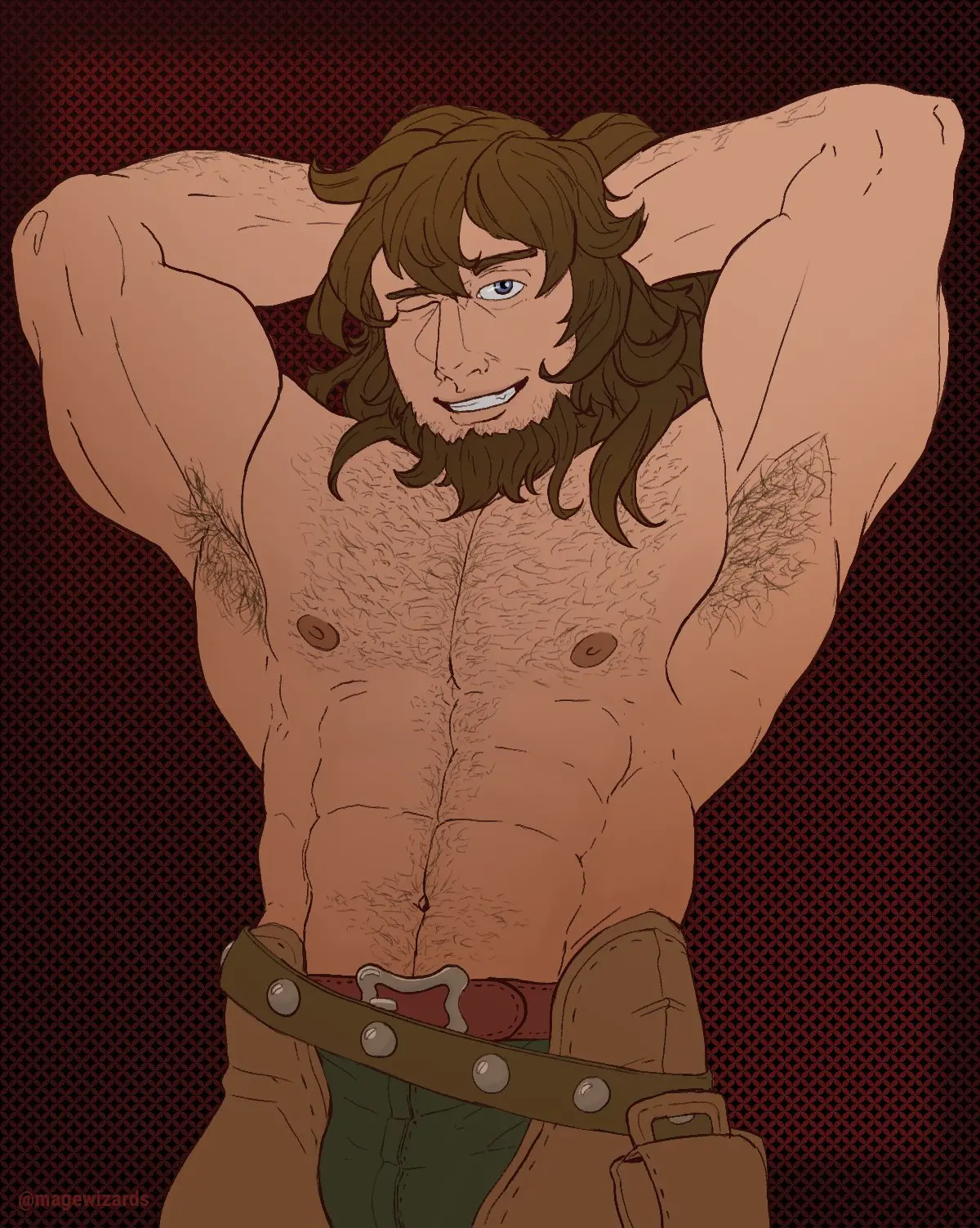 Image solo,male,penis,muscular,hands_behind_head,male_only,yaoi,one_eye_closed,bara,bulge,flaccid,solo_male,beard,muscles,facial_hair,body_hair,armpit_hair,shirtless,dragalia_lost,mageshitposts,joe_(dragalia_lost)