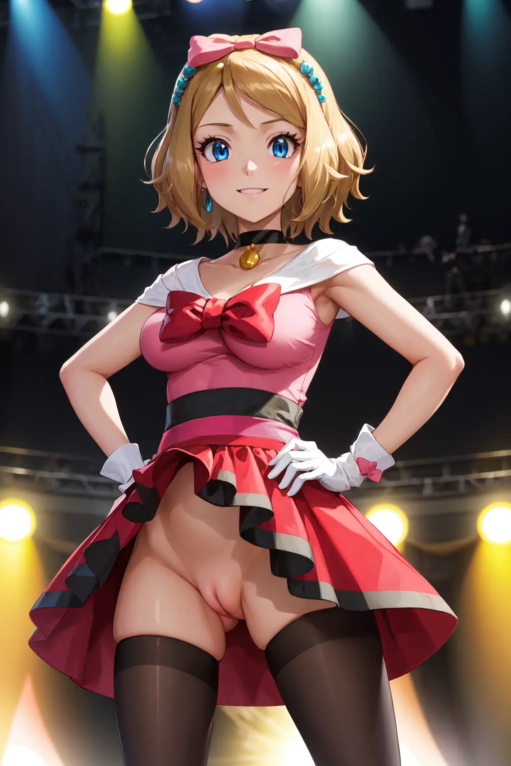 Image big_breasts,bow,breasts,female,female_only,hi_res,standing,blue_eyes,gloves,pokemon,pussy,thighhighs,earrings,female_focus,ai_generated,collarbone,blonde_hair,stockings,collar,skirt,bottomless,blonde_female,stage,hands_on_hips,pink_dress,serena_(pokemon),lifting_skirt,pink_bow,showcase_outfit,kiraaiart