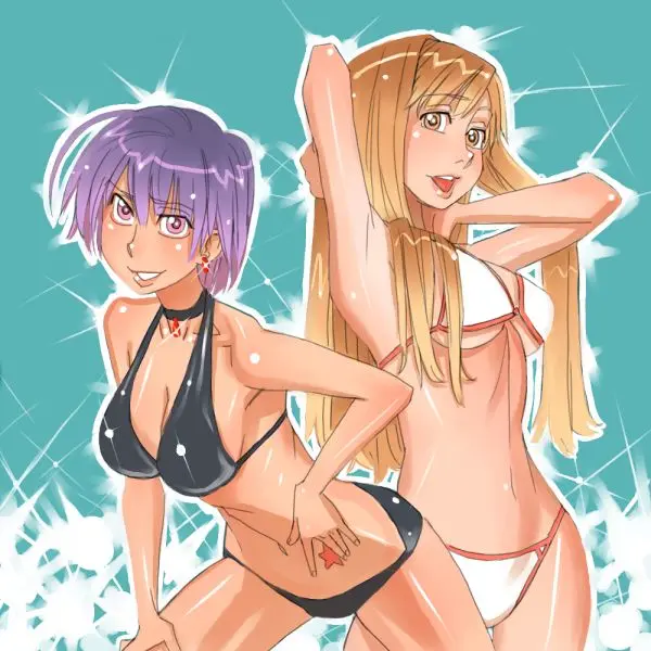 Image breasts,female,female_only,long_hair,looking_at_viewer,open_mouth,simple_background,smile,2girls,multiple_girls,navel,short_hair,bikini,earrings,orange_eyes,jewelry,tattoo,blonde_hair,medium_breasts,pink_eyes,swimsuit,purple_hair,white_bikini,07th_expansion,higurashi_no_naku_koro_ni,takano_miyo,mamiya_rina,zenkou
