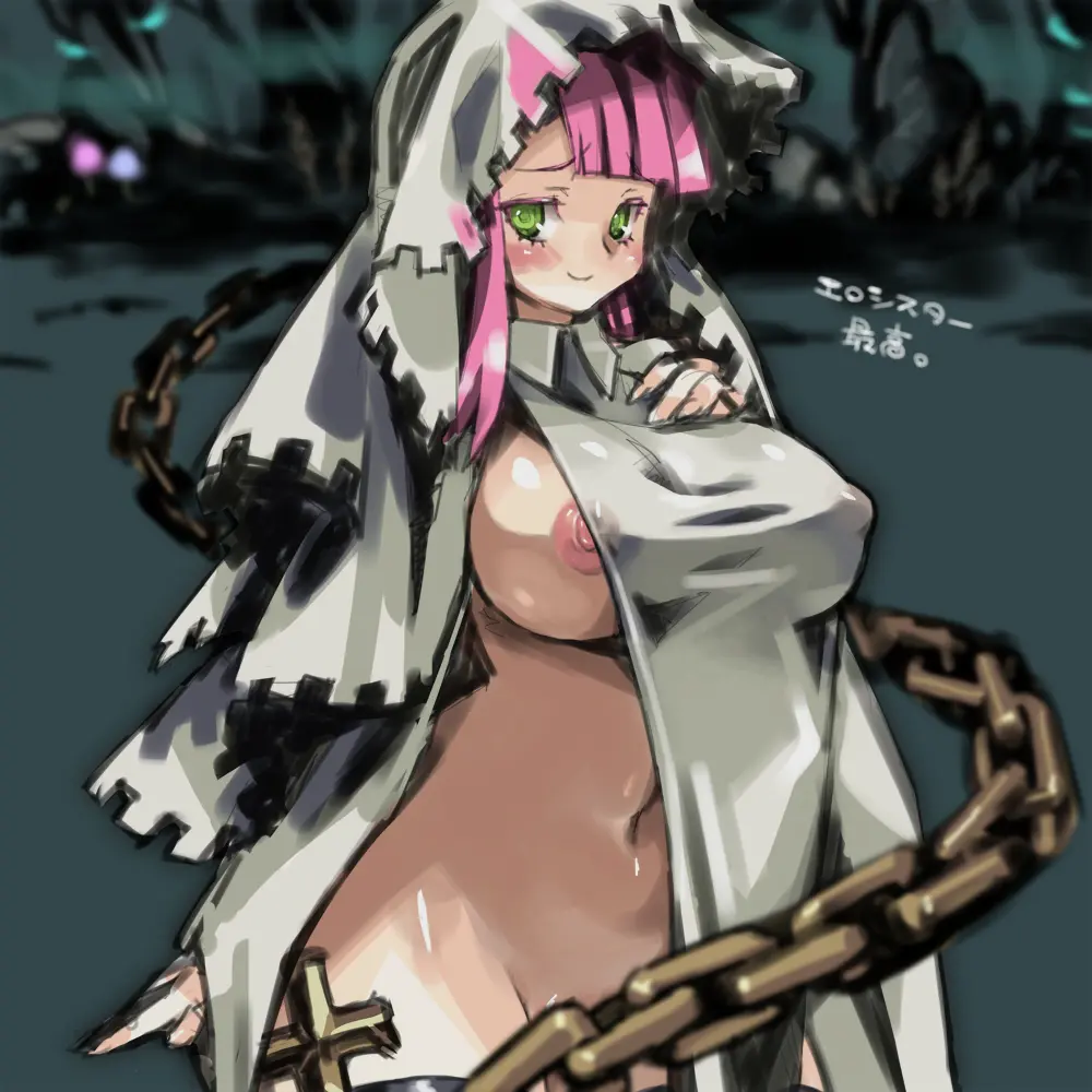 Image 1girls,blush,breasts,female,female_only,highres,large_breasts,long_hair,nipples,no_bra,smile,solo,standing,navel,convenient_censoring,wide_hips,areolae,sideboob,pink_hair,text,green_eyes,dress,censored,outdoors,white_dress,no_panties,revealing_clothes,translated,hood,japanese_text,nipple_bulge,forest,1:1,chains,nipple_slip,2020,nun,nun's_habit,sideless_outfit,cross,hand_on_chest,areolae_slip,white_hood,dark,breast_suppress,petitdry,mistover,sister_(mistover)