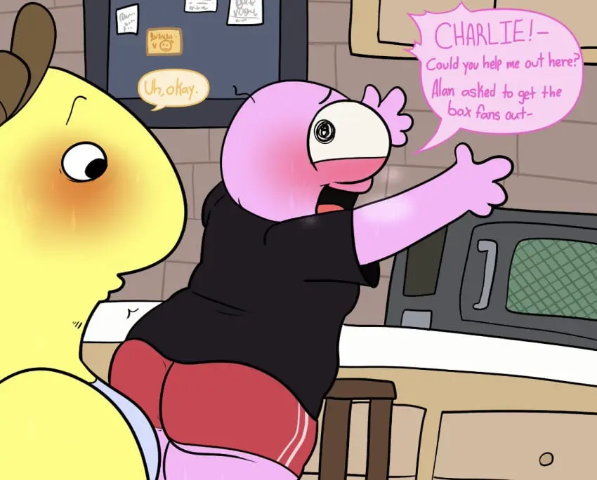 Image blush,male,ass,big_ass,male_only,size_difference,fat_ass,gay,shorts,ass_focus,sweating,reaching_out,pim_(smiling_friends),smiling_friends,charlie_(smiling_friends),bensartcave,cant_reach