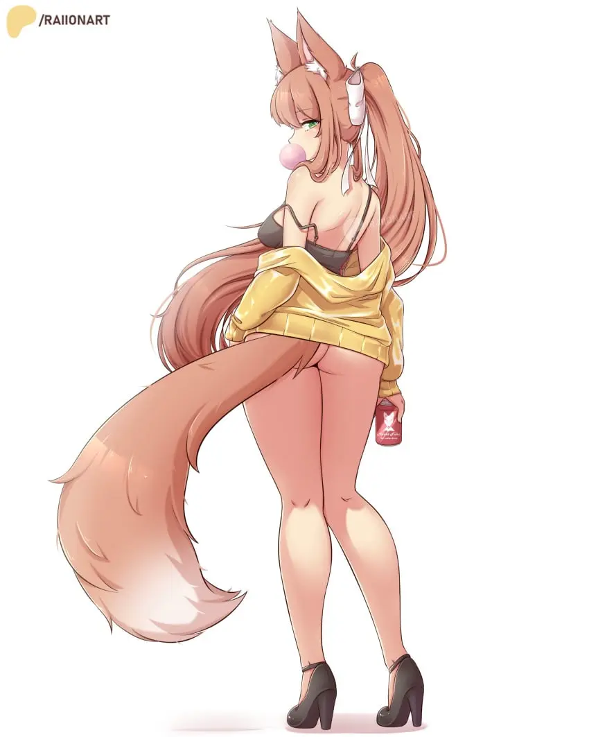 Image 1girls,female,female_only,solo,white_background,tail,ass,big_ass,solo_female,green_eyes,dress,brown_hair,heels,high_heels,ribbon,bottomless,fox_ears,fox_girl,fox_tail,doki_doki_literature_club,yellow_dress,white_female,kitsune,monika_(doki_doki_literature_club),white_ribbon,bubble_gum,raionart