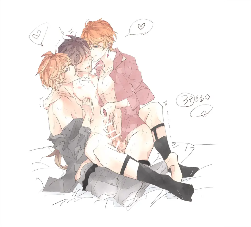 Image blush,white_background,group_sex,licking,male,threesome,sex,2boys,male/male,male_only,yaoi,censored,gay,genshin_impact,handjob,multiple_boys,nipple_stimulation,nipple_tweak,male_focus,sandwiched,zhongli_(genshin_impact),childe_(genshin_impact),tartaglia_(genshin_impact),004s_4,calf_socks