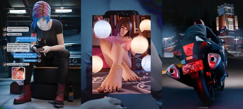 Image female,looking_at_viewer,2girls,blue_eyes,blue_hair,feet,tattoo,foot_fetish,nail_polish,brown_hair,alternate_version_available,3d,dialogue,yuri,black_toenail_polish,toenail_polish,toes,toe_ring,black_nails,foot_focus,crop_top,lights,crossed_legs,text_message,texting,life_is_strange,black_nail_polish,imminent_yuri,sitting_on_ground,max_caulfield,only,motorcycle,black_toenails,chloe_price,sending_nudes,foot_jewelry,ubermachineworks