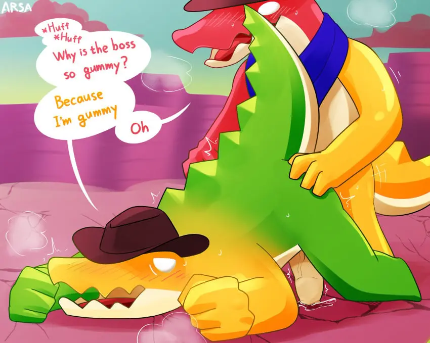 Image blush,clothing,hi_res,open_mouth,male,penis,hat,duo,humanoid,headwear,anal,male/male,male_only,headgear,anthro,absurd_res,gay,genitals,mammal,dialogue,green_body,green_scales,reptile,scales,scalie,crocodilian,food,desert,cowboy_hat,the_amazing_digital_circus,food_creature,candy,dessert,glitch_productions,gummigoo_(the_amazing_digital_circus),gummy_(food),living_candy,gummy_creature,chad_(the_amazing_digital_circus),arsa