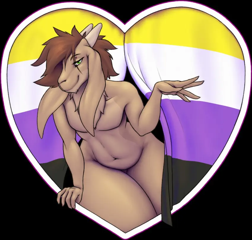 Image hi_res,looking_at_viewer,solo,male,navel,nude,short_hair,male_only,hair,anthro,green_eyes,mammal,biped,long_ears,bovid,gesture,heart_symbol,caprine,goat,2020,suggestive_look,lgbt_pride,pride_colors,flag,nonbinary_pride_colors,pride_color_flag,jakethegoat,flag_(object),jakethegoat_(character),pride_heart