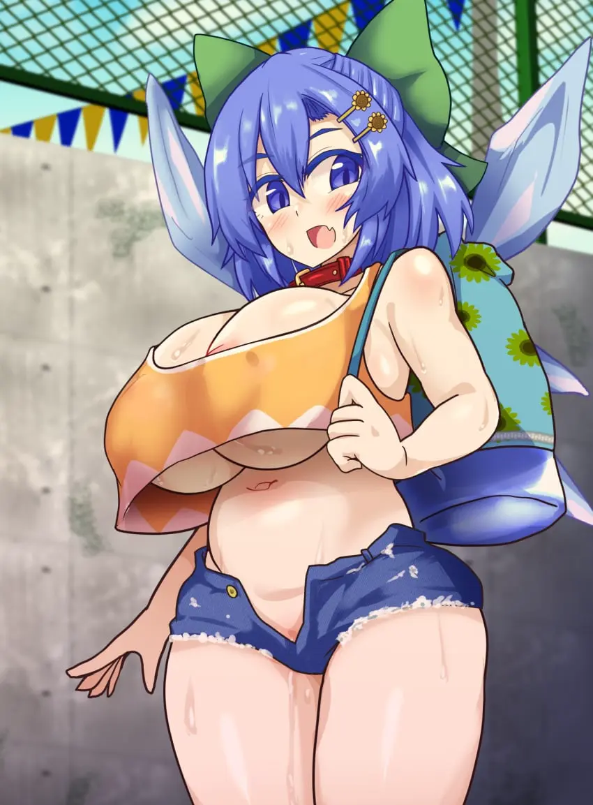 Image 1girls,breasts,female,female_only,hairbow,looking_at_viewer,open_mouth,solo,touhou,blue_eyes,blue_hair,navel,skin_fang,huge_breasts,alternate_costume,areola_slip,backpack,blue_shorts,short_shorts,sunflower_hair_ornament,yellow_tank_top,green_bow,cirno,ice_wings,black_burakku