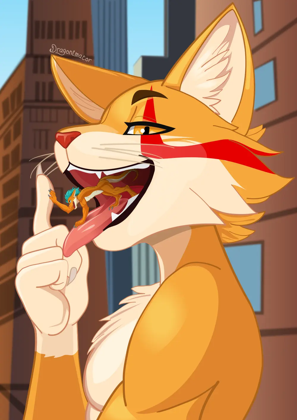Image open_mouth,blue_eyes,blue_hair,male,tongue_out,yellow_eyes,furry,tongue,male_only,size_difference,anthro,yellow_fur,orange_body,feline,smaller_male,white_body,male_focus,anthro_only,dragon,white_fur,larger_male,kobold,macro,city,micro,vore,catboy,larger_pred,smaller_prey,oral_vore,imminent_vore,inside_mouth,dragonimator,maw,charliecat,imminent_oral_vore,prey_in_mouth