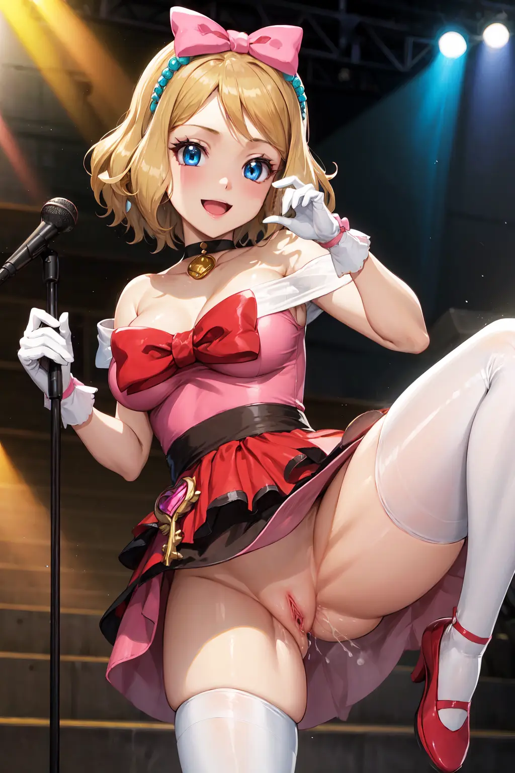 Image big_breasts,bow,breasts,female,female_only,hi_res,standing,blue_eyes,gloves,pokemon,pussy,thighhighs,earrings,female_focus,ai_generated,collarbone,blonde_hair,pussy_juice,stockings,collar,skirt,bottomless,blonde_female,pussy_juice_drip,stage,hands_on_hips,pink_dress,serena_(pokemon),lifting_skirt,pink_bow,showcase_outfit,kiraaiart