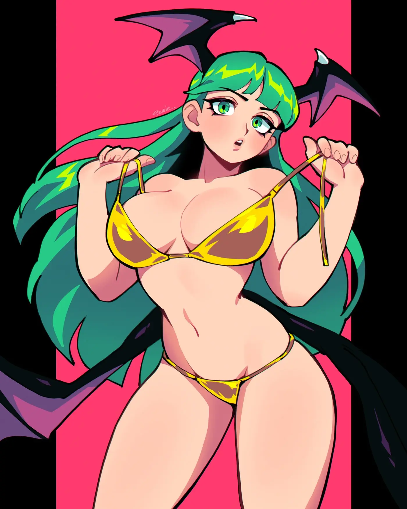 Image 1girls,big_breasts,breasts,female,hi_res,large_breasts,light-skinned_female,light_skin,looking_at_viewer,navel,bikini,voluptuous,bare_shoulders,cleavage,wings,green_eyes,swimsuit,demon,busty,curvy,green_hair,artist_signature,teasing,undressing,bikini_pull,darkstalkers,morrigan_aensland,succubus,sensual,capcom,bat_wings,head_wings,pulled_by_self,clothes_pull,barely_clothed,gold_bikini,untied_bikini,succubus_wings,333_(dqqqdle),golden_week