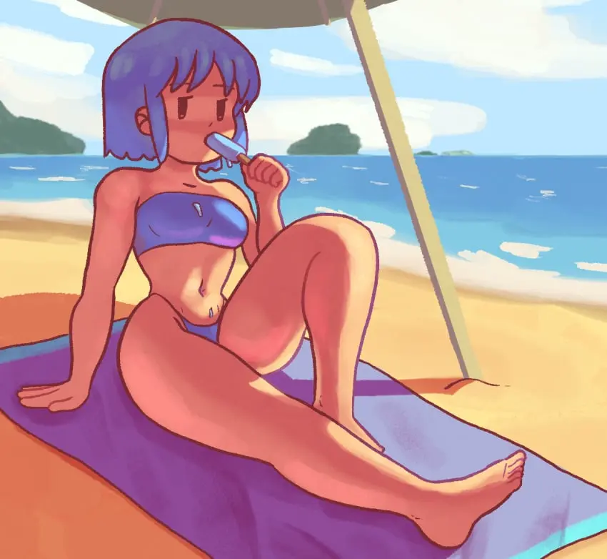 Image 1girls,breasts,clothed,female,female_only,solo,blue_hair,bikini,small_breasts,beach,tagme,outdoors,blue_bikini,fully_clothed,mob_face,popsicle,naganohara_mio,nichijou,dozo_gon