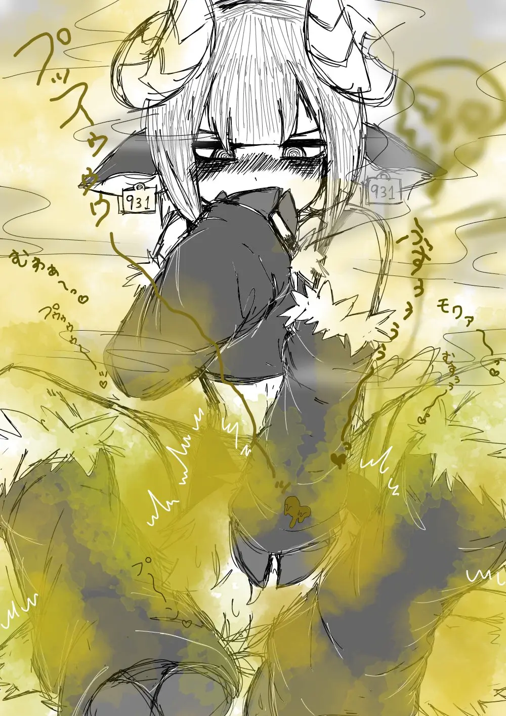 Image blush,earrings,horns,sketch,hooves,cow_ears,cow_horns,fart,covering_mouth