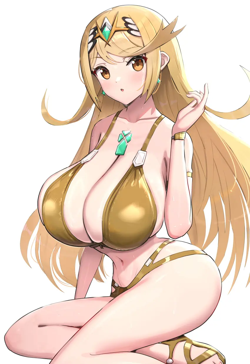 Image 1girls,breasts,female,light-skinned_female,light_skin,long_hair,simple_background,bikini,cleavage,huge_breasts,blonde_hair,nintendo,core_crystal,xenoblade_(series),xenoblade_chronicles_2,gonzarez,mythra,gold_eyes,gold_bikini
