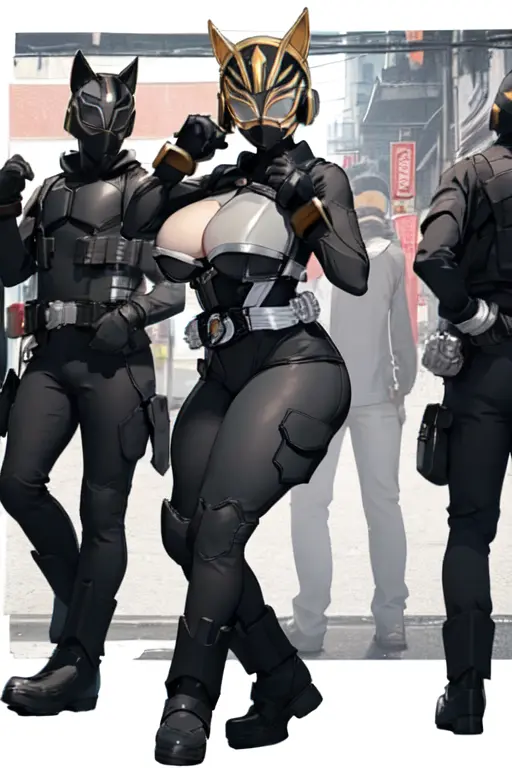 Image 1girls,breasts,female,female_only,large_breasts,male,thick_thighs,thighs,ai_generated,cleavage,3boys,armor,helmet,armored_female,kamen_rider,kamen_rider_geats_(series),kamen_rider_na-go
