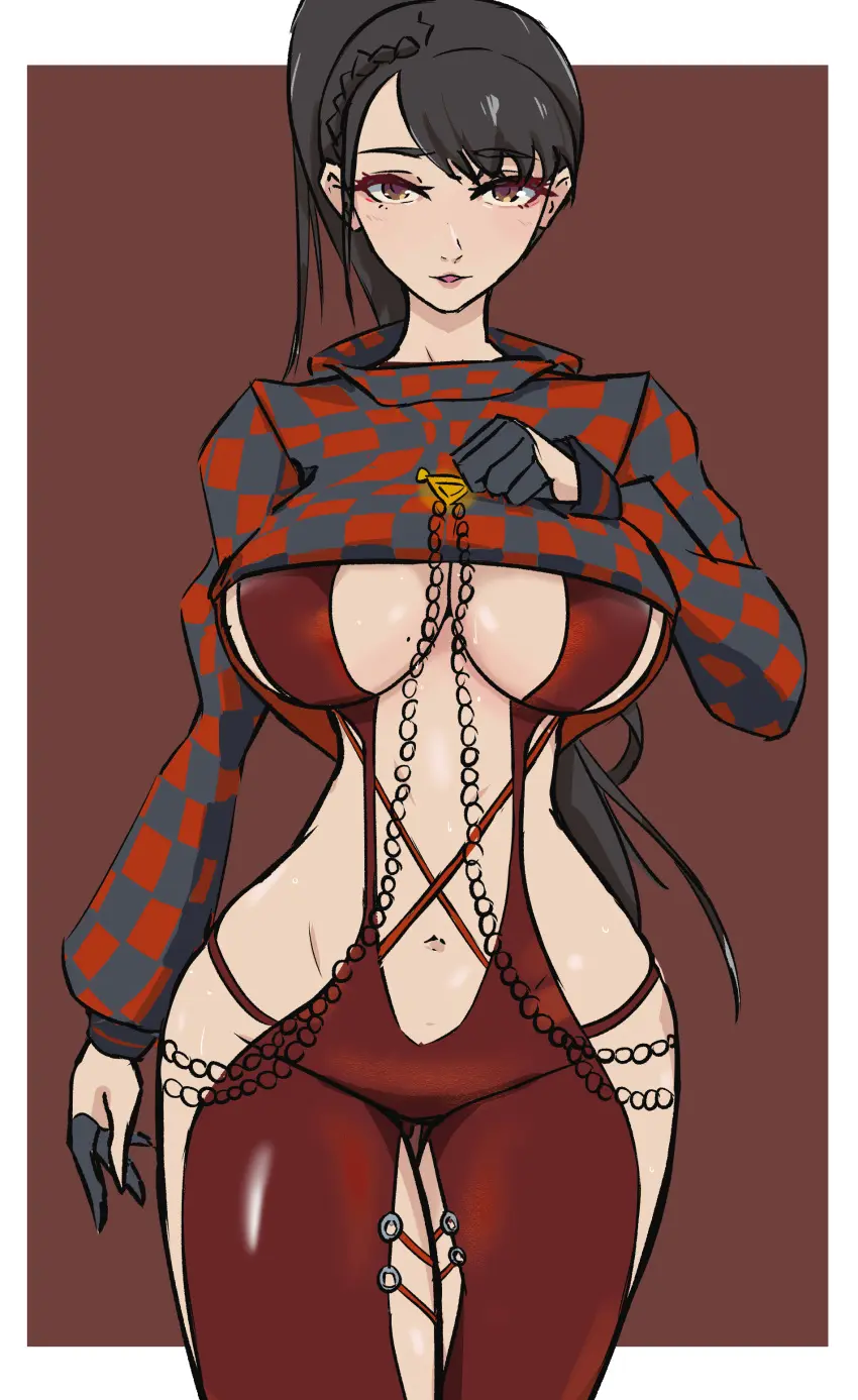 Image breasts,brown_eyes,female,female_only,highres,large_breasts,long_hair,long_sleeves,looking_at_viewer,solo,very_long_hair,black_gloves,black_hair,blunt_bangs,gloves,ponytail,wide_hips,sideboob,mole_on_breast,hourglass_figure,revealing_clothes,bodysuit,eve_(stellar_blade),stellar_blade,hood,hoodie,fully_clothed,long_legs,child_bearing_hips,hand_on_breast,exposed_midriff,highleg_panties,cutout,clothing_cutout,red_bodysuit,slit,red_hoodie,partially_fingerless_gloves,red_leotard,cropped_hoodie,half_gloves,checkered_clothes,racer's_high_(stellar_blade),in2naps