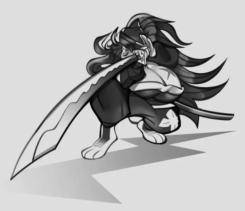 Image 1girls,big_breasts,breasts,female,long_hair,anthro,busty,2022,crouching,weapon,samurai,busty_female,german_shepherd,katana,mangneto,hachimitsu