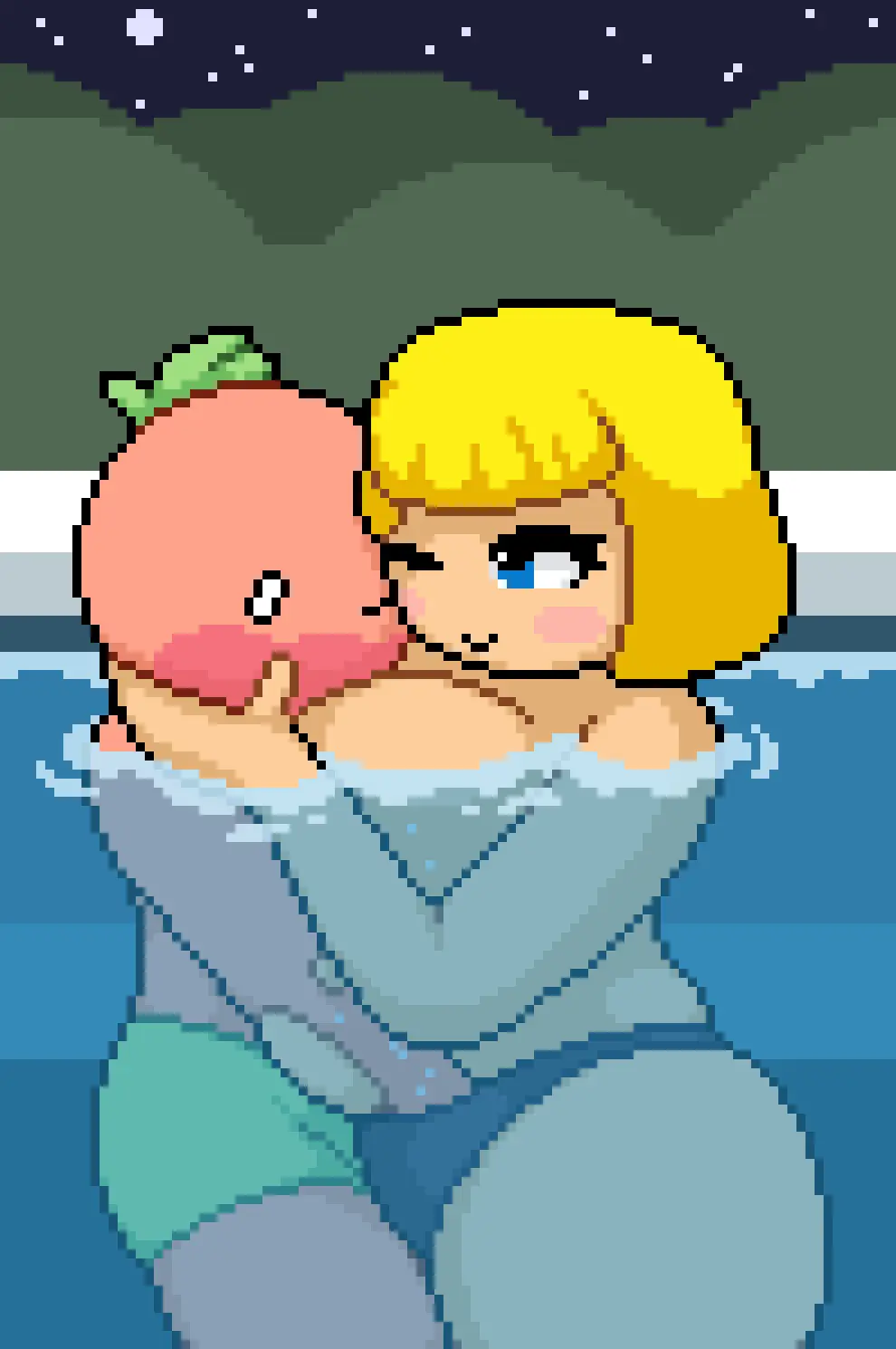 Image big_breasts,blush,breasts,female,blue_eyes,bikini,water,tagme,blonde_hair,black_bikini,surprised,big_thighs,red_skin,swimming_pool,black_bikini_bottom,kirby_(series),tomato,zan_partizanne,hand_in_bikini,tomato_(okami_tomato),zxtomatofan