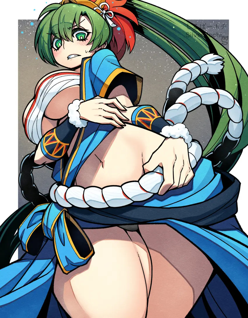 Image 1girls,blush,breasts,cowboy_shot,female,female_only,highres,large_breasts,long_hair,solo,standing,very_long_hair,navel,panties,underwear,thick_thighs,thighs,ponytail,bare_thighs,midriff,teeth,underboob,green_eyes,clenched_teeth,nintendo,black_panties,green_hair,skirt,short_sleeves,official_alternate_costume,alternate_costume,stomach,fire_emblem,fire_emblem_heroes,tube_top,blue_skirt,strapless,bandages,rope,groin,robe,sarashi,lyn_(fire_emblem),fire_emblem:_the_blazing_blade,bandeau,shimenawa,chest_sarashi,blue_robe,kara_age