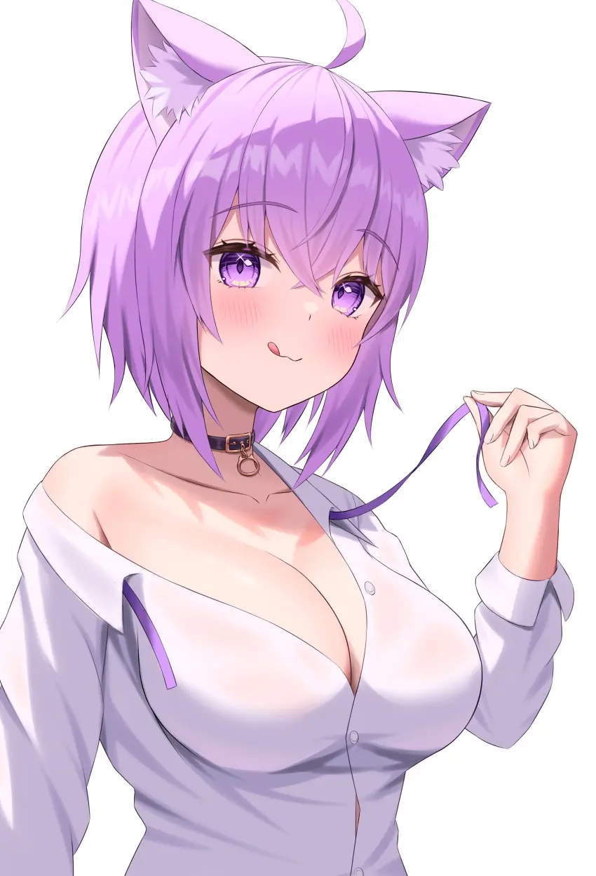 Image 1girls,blush,breasts,female,large_breasts,looking_at_viewer,animal_ears,short_hair,animal_ear_fluff,cat_ears,cat_girl,virtual_youtuber,cleavage,vtuber,purple_eyes,artist_request,hololive,hololive_japan,ahoge,purple_hair,hair_between_eyes,licking_lips,black_collar,hololive_gamers,nekomata_okayu,:3q