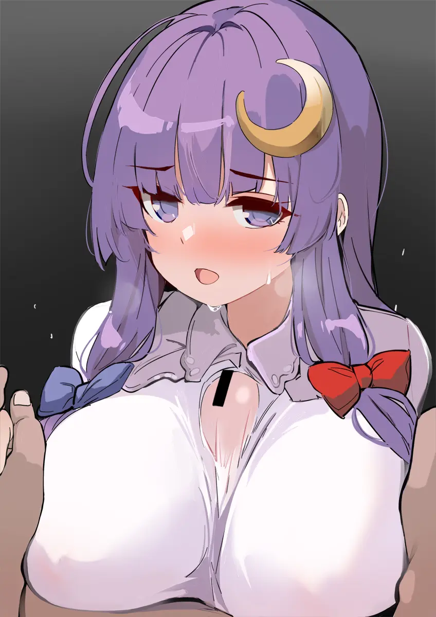 Image bow,breasts,female,hair_ornament,hairbow,highres,large_breasts,long_hair,looking_at_viewer,open_mouth,shirt,touhou,1boy,male,straight,sweat,black_background,crescent,gradient_background,paizuri,purple_eyes,censored,purple_hair,sweatdrop,white_shirt,bar_censor,commentary_request,paizuri_under_clothes,patchouli_knowledge,crescent_hair_ornament,kamukamu_(ars)