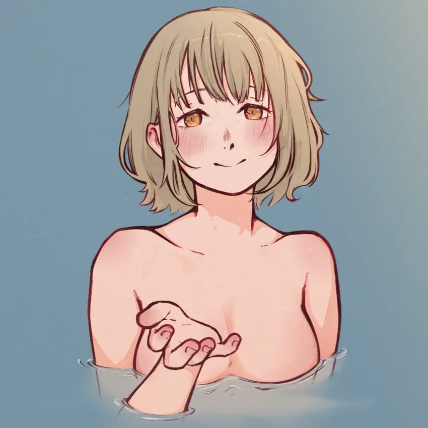 Image 1girls,big_breasts,blush,breasts,female,smile,solo,nude,yellow_eyes,blonde_hair,medium_hair,dungeon_meshi,bath,falin_touden,falin_touden_(tallman),bathinng,monokarumaru