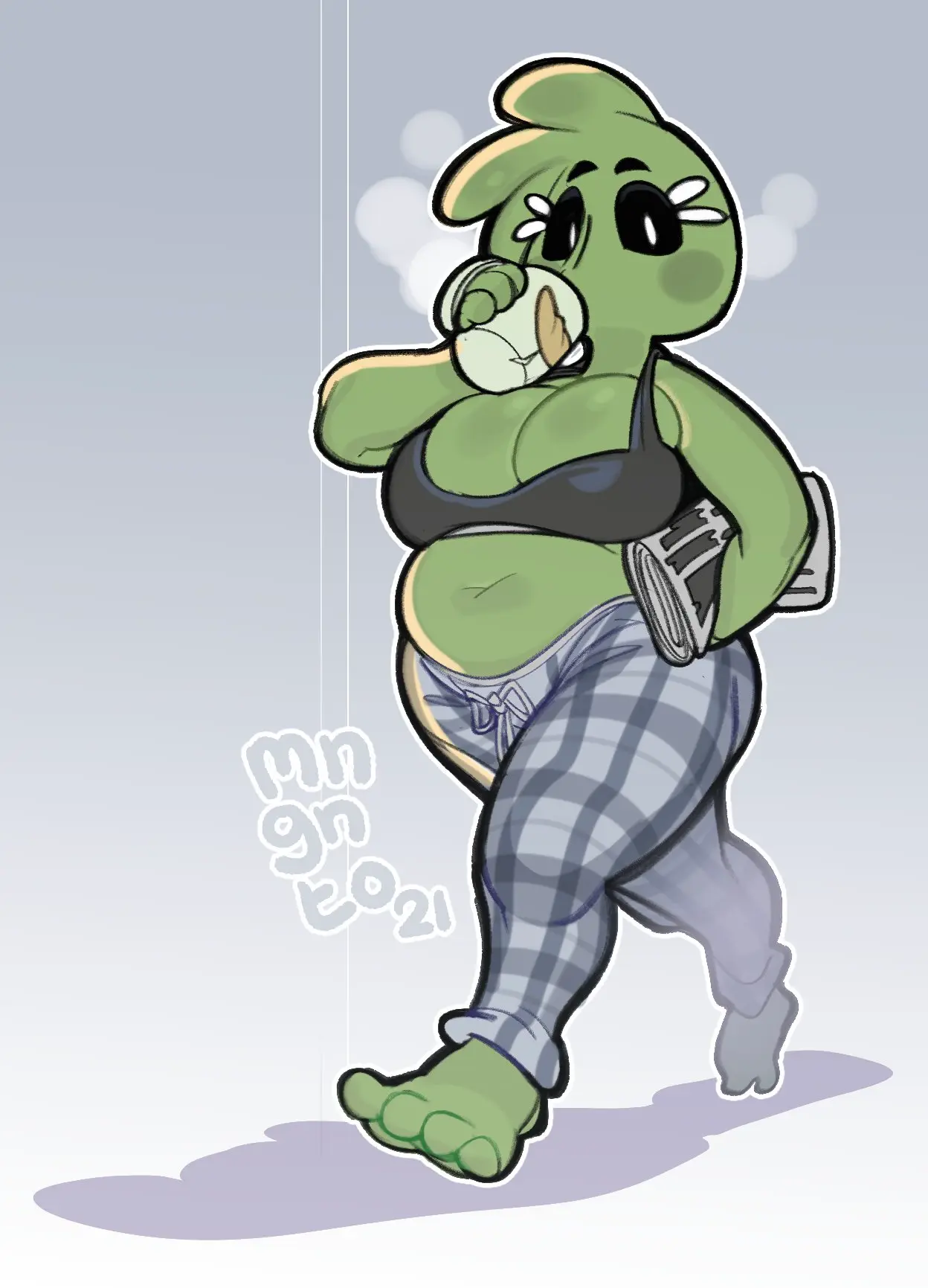Image 1girls,big_breasts,breasts,female,bra,2021,thighs,humanoid,chubby_female,black_bra,pajamas,coffee,coffee_mug,newspaper,pajama_pants,mangneto,elln_(rasmusthefool)