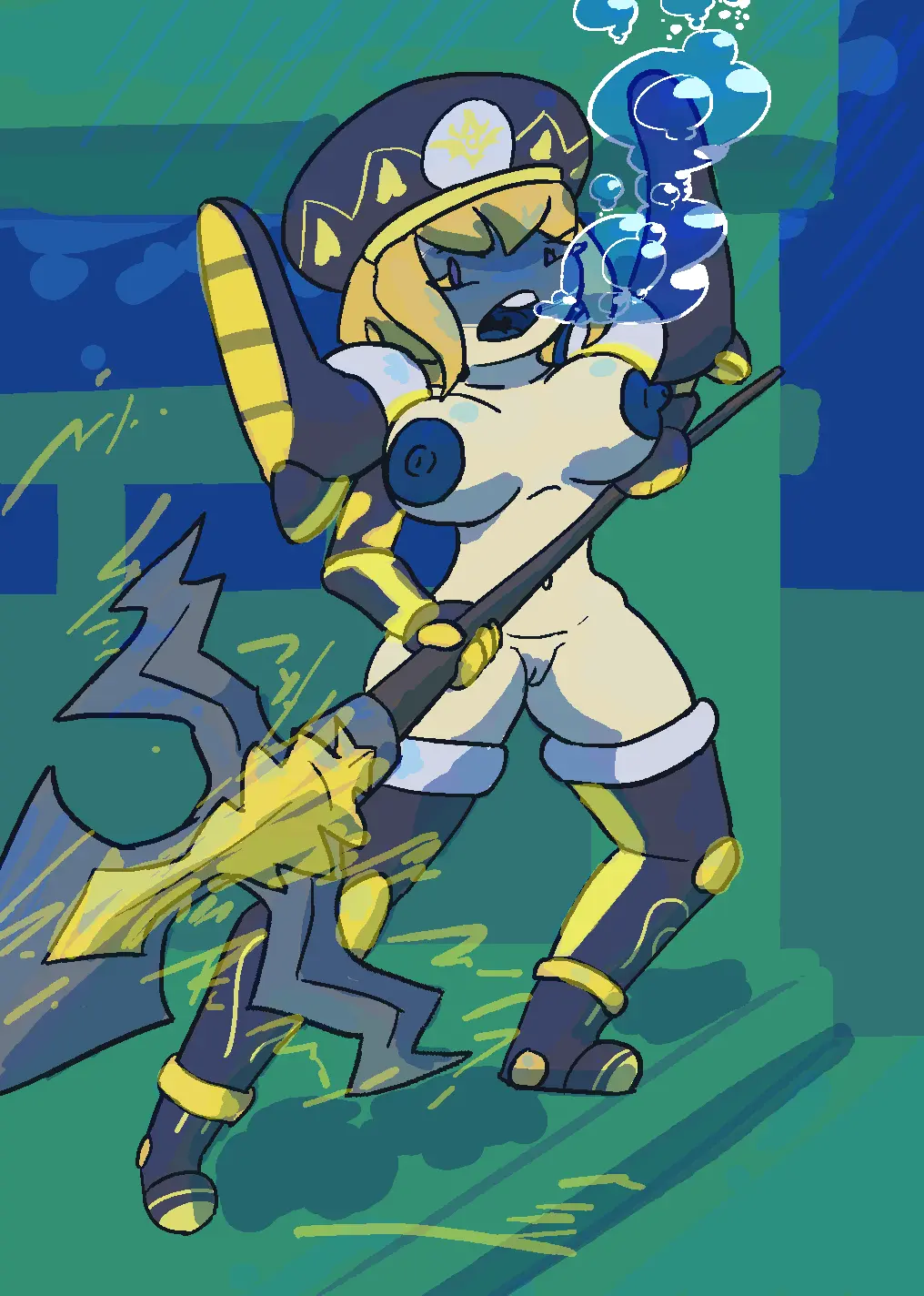 Image water,kill_la_kill,functionally_nude,spear,underwater,drowning,kirby_(series),zan_partizanne,kamui_(kill_la_kill)