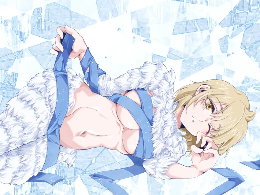 Image 1girls,big_breasts,breasts,female,looking_at_viewer,solo,yellow_eyes,underboob,feathers,blonde_hair,monster_girl,medium_hair,dungeon_meshi,laying_on_side,falin_touden,wrapped,falin_touden_(chimera),kaze_tsuyu_tsuchi_ryuu