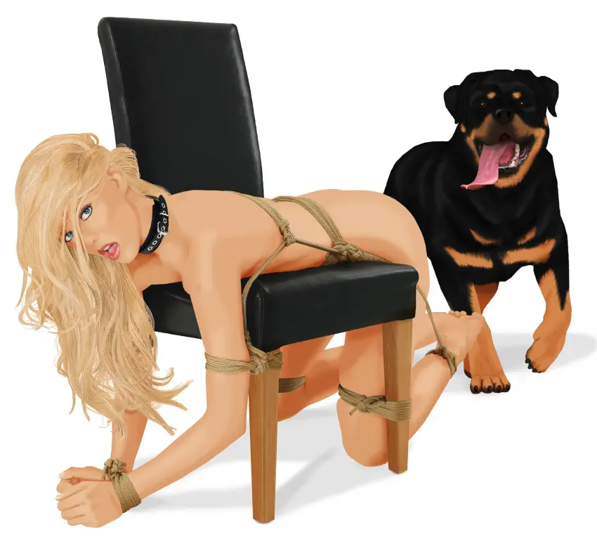 Image female,looking_at_viewer,simple_background,blue_eyes,doggy_style,blonde_hair,restrained,fur,paws,submissive_female,bondage,slave_collar,zoophilia,interspecies_sex,tied_to_chair,bestiality,dog,imminent_rape,imminent_bestiality,cringer990,feverdreams