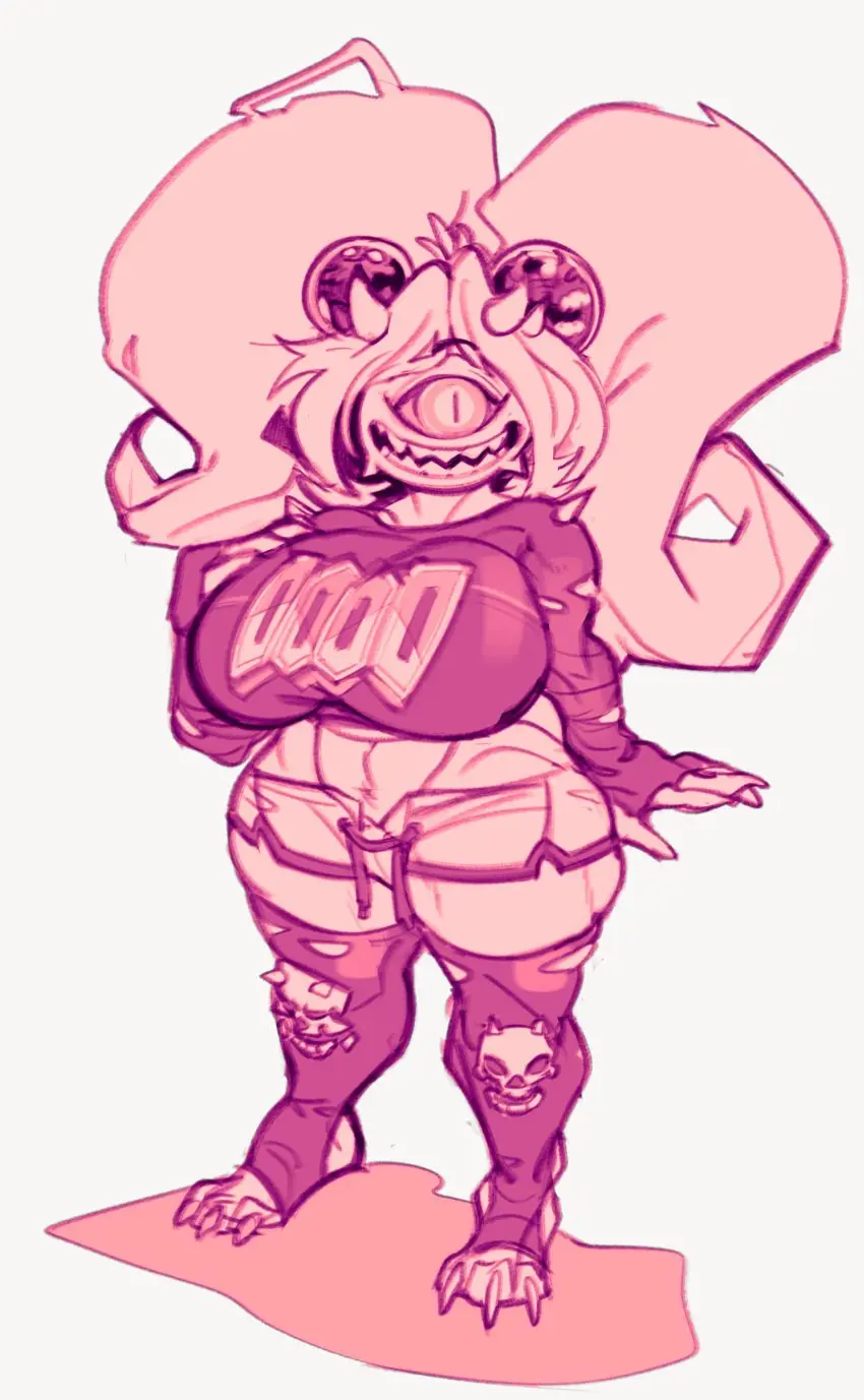 Image 1girls,big_breasts,breasts,female,shirt,2021,thighs,smiling,stockings,busty,twintails,shorts,spikes,1_eye,ripped_clothing,busty_female,skulls,doom,mangneto,cacodemon_(doom),cookie_demon_(robotjoe)