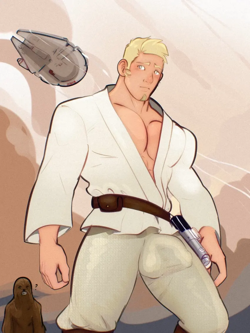 Image blush,clothing,male,penis,muscular,muscular_male,male_only,yaoi,blonde_hair,bara,bulge,penis_outline,tight_clothing,big_bulge,huge_bulge,star_wars,cummytomato