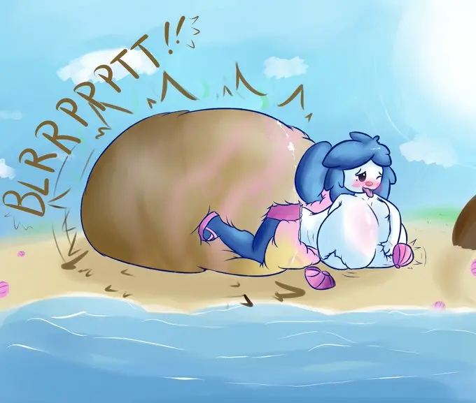 Image 1girls,female,female_only,solo,blue_hair,pokemon,pokemon_(species),tongue_out,tongue,humanoid,on_stomach,one_eye_closed,looking_pleasured,masturbation,black_eyes,sand,blue_sky,sun,onomatopoeia,no_visible_genitalia,hand_on_breast,diaper,messy_diaper,feces,palm_tree,seashell,hyper_feces,hyper_scat,pink_sandals,seashell_bra,hypermess,pink_diaper,maeesthetic,oshawott