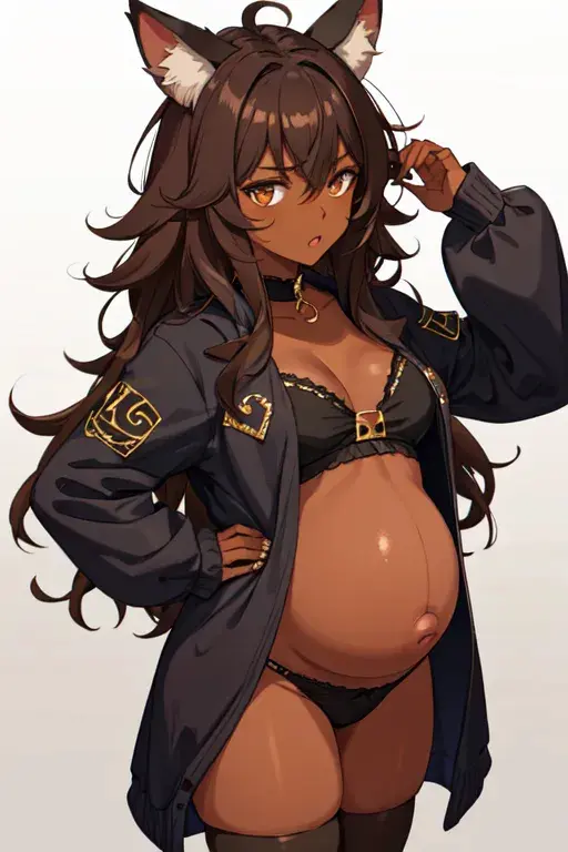 Image big_breasts, breasts, female, long_hair, looking_at_viewer, open_mouth, animal_ears, bangs, bra, thick_thighs, orange_eyes, cat_ears, cat_girl, ai_generated, pregnant, pregnant_female, brown_hair, hand_on_hip, cute, collar, black_choker, jacket, thigh_highs, cute_face, brown_body, brown_skin, black_collar, raised_hand, chocker, yournewdoll