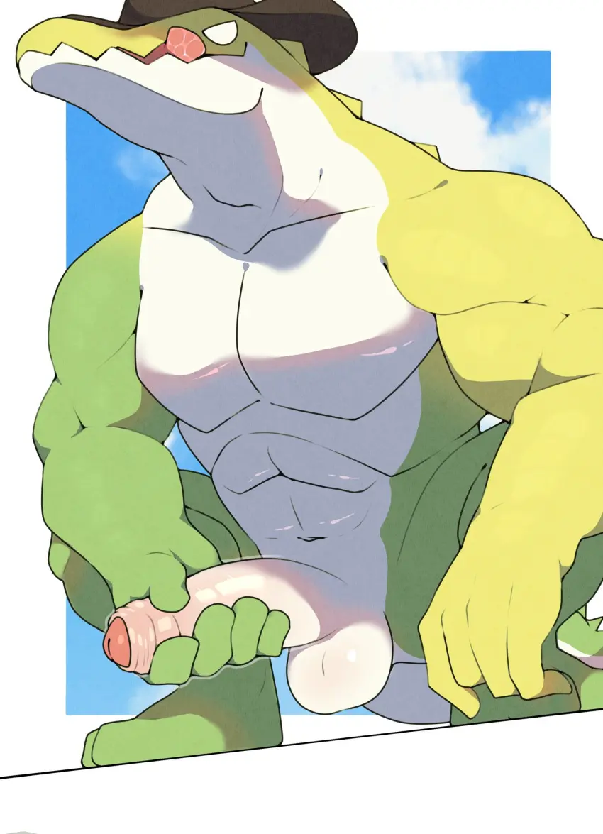 Image blush,clothing,hi_res,solo,male,penis,hat,erection,humanoid_penis,headwear,male_only,yaoi,headgear,balls,anthro,bara,genitals,yellow_body,biped,white_body,green_body,reptile,scalie,male_focus,humanoid_genitalia,white_balls,white_penis,crocodilian,food,cowboy_hat,the_amazing_digital_circus,food_creature,mame02550912,candy,dessert,glitch_productions,gummigoo_(the_amazing_digital_circus),gummy_(food),living_candy,gummy_creature