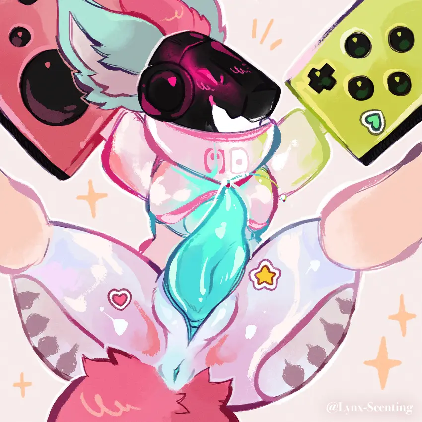 Image hi_res,solo,1boy,male,penis,ass,male_only,anthro,anus,nintendo,genital_fluids,bodily_fluids,genitals,precum,glistening,glistening_body,precum_drip,precum_string,dripping,precum_on_penis,machine,penis_focus,tapering_penis,genital_focus,protogen,nintendo_switch,lynx_scenting,colorful_theme,teal_penis,nintendo_console,stickers_on_body