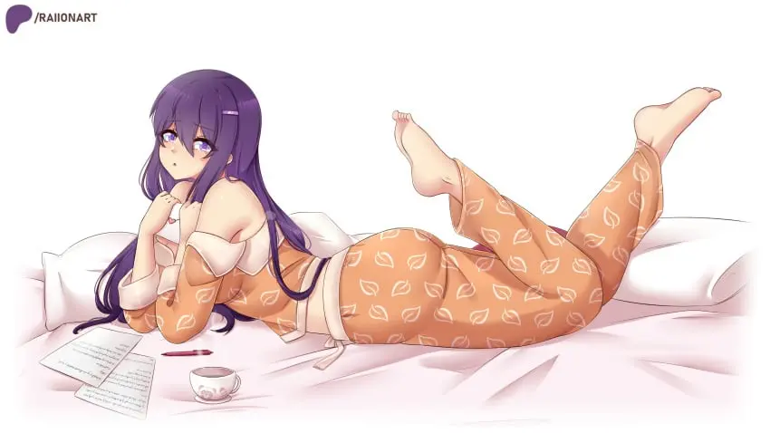 Image 1girls,female,light-skinned_female,light_skin,looking_at_viewer,barefoot,patreon_username,artist_name,hairclip,purple_eyes,purple_hair,doki_doki_literature_club,pajamas,laying_on_stomach,sleepwear,yuri_(doki_doki_literature_club),partially_undressed,raionart,teacup