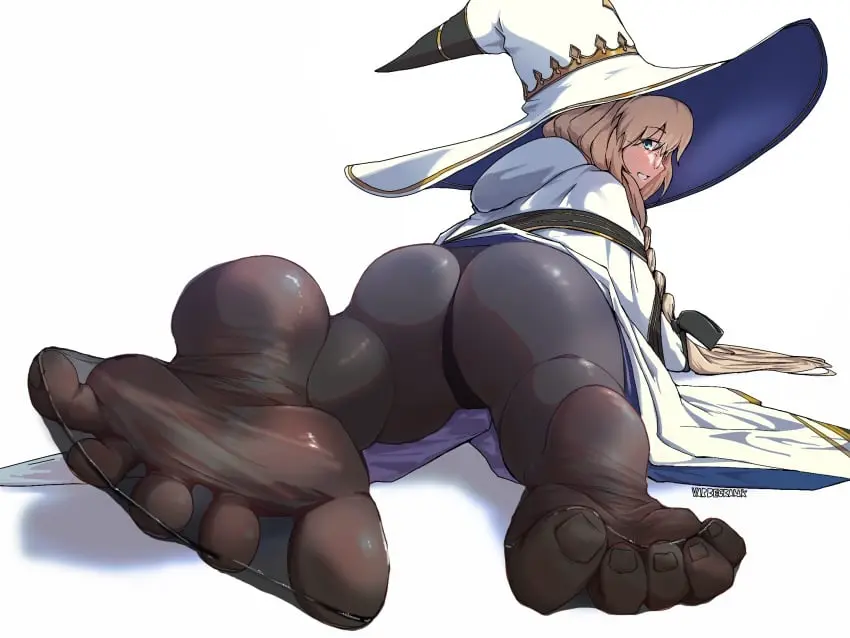 Image female,highres,long_hair,looking_at_viewer,smile,solo,panties,ass,hat,barefoot,feet,glasses,blonde_hair,legs,foot_fetish,back,soles,feet_focus,light_blue_eyes,witch_hat,toes,fate_(series),toenails,wrinkled_feet,bare_legs,nylons,laying_on_stomach,fate/grand_order,spread_toes,varbecrank,morgan_le_fay_(fate),scrunched_toes,tonelico_(fate),pinky_toe