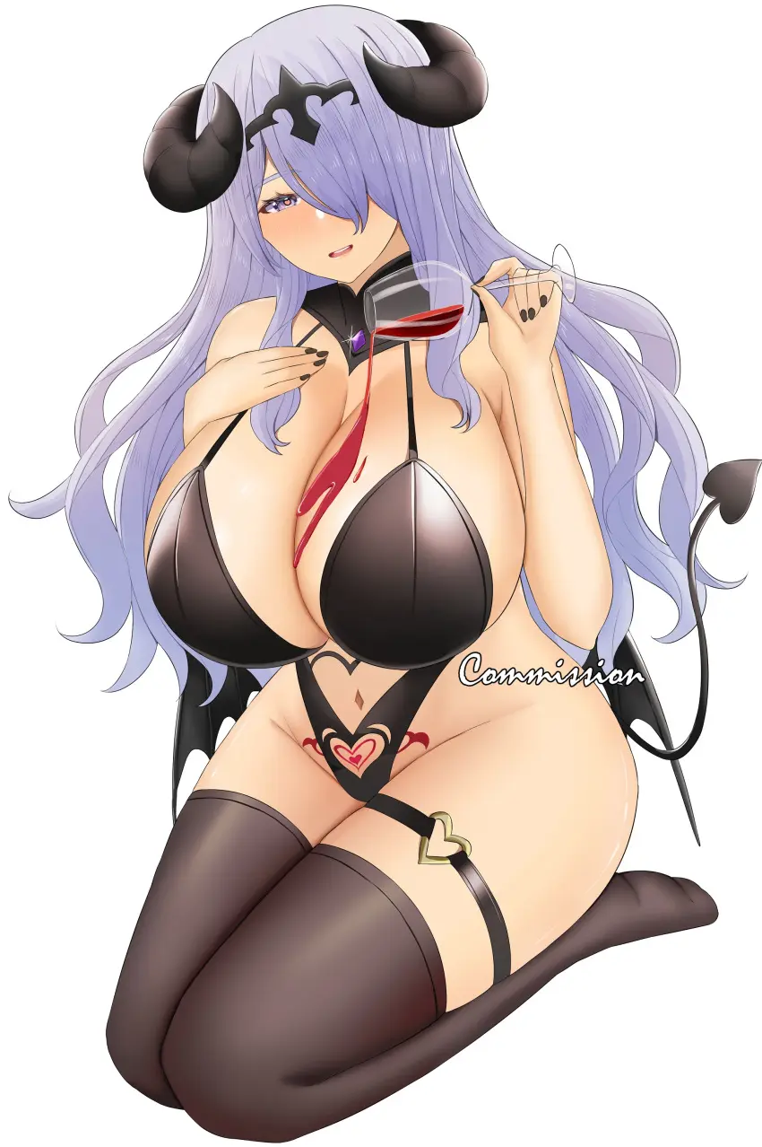 Image 1girls,breasts,female,highres,light-skinned_female,light_skin,long_hair,simple_background,thick_thighs,thighs,hair_over_one_eye,wide_hips,tattoo,huge_breasts,demon,purple_eyes,purple_hair,nintendo,hourglass_figure,pubic_tattoo,fire_emblem,fire_emblem_fates,commission,succubus,camilla_(fire_emblem),genm7