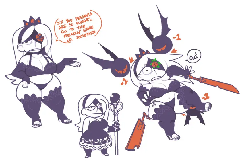 Image 1girls,big_breasts,breasts,female,thighhighs,thighs,text,dress,high_heels,dialogue,chubby_female,princess,weapon,armwear,gameplay_mechanics,eye_patch,staff,dialogue_bubble,white-skinned_female,2017,dual_wielding,swarm,mangneto,bats