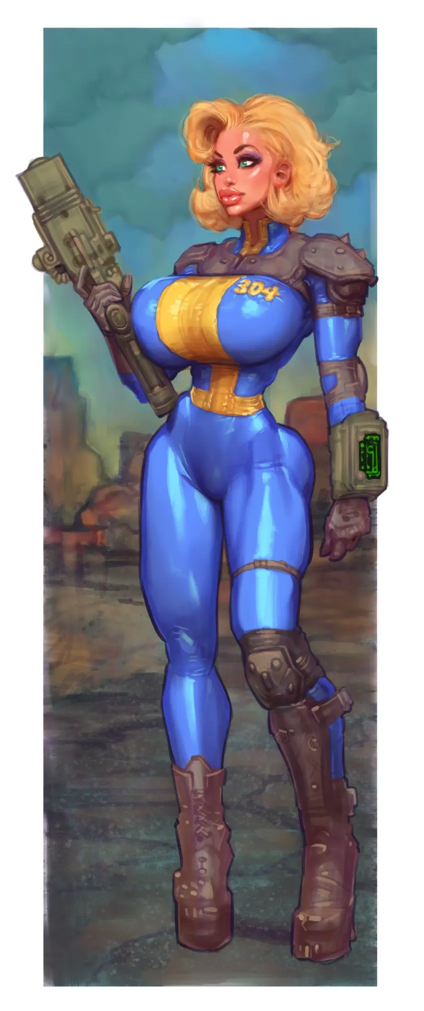 Image 1girls,big_breasts,breasts,female,female_only,blue_eyes,gloves,ass,big_ass,female_focus,thick_thighs,thighs,athletic,muscular,wide_hips,looking_away,huge_breasts,2d,breasts_bigger_than_head,enormous_breasts,blonde_hair,sci-fi,busty,pinup,fit,fit_female,hourglass_figure,bimbo,high_heels,tight_clothing,makeup,2d_(artwork),thin_waist,thick_lips,bodysuit,athletic_female,thigh_strap,fully_clothed,top_heavy,boots,armor,high_heel_boots,cloudy_sky,skin_tight,muscular_thighs,fallout,gun,bimbo_body,bimbo_lips,big_lips,skin_tight_suit,vault_girl,vault_suit,leather,vault_dweller,pip-boy,shoulder_pads,post-apocalyptic,elbow_pads,ass_visible_from_the_front,knee_pads,one_leg_bent,theofficialpit,no_visible_nipples