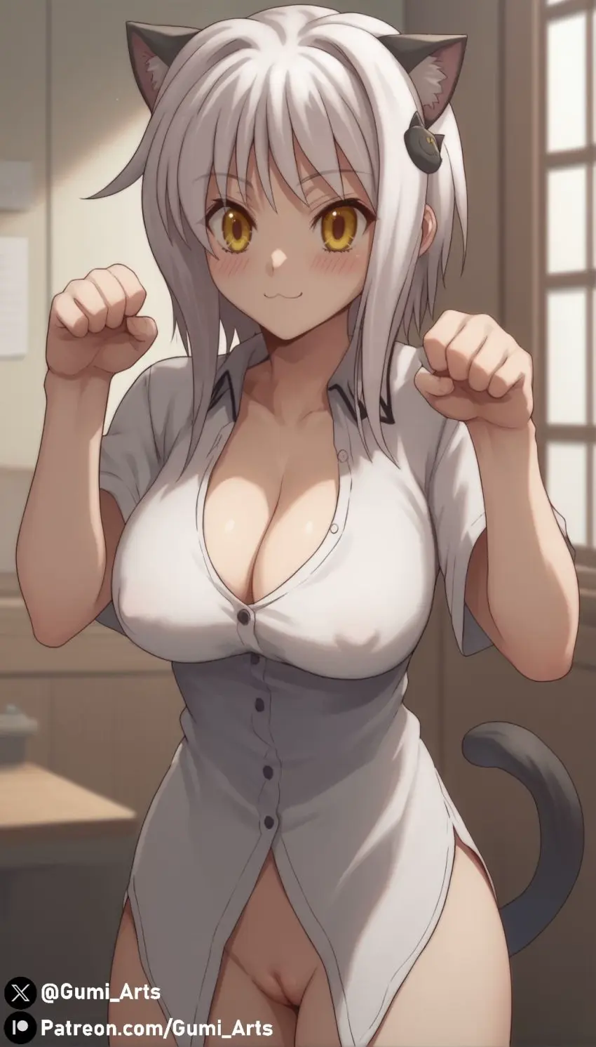 Image blush,breasts,female,hair_ornament,large_breasts,looking_at_viewer,shirt,white_hair,pussy,short_hair,yellow_eyes,thick_thighs,cat_ears,ai_generated,cleavage,covered_nipples,stable_diffusion,cat_tail,indoors,cute,no_panties,:3,no_pants,high_school_dxd,gumi_arts,koneko_toujou,paw_pose