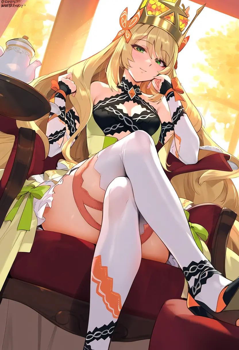 Image female,looking_at_viewer,smile,thick_thighs,ai_generated,dress,teenager,teenage_girl,high_heels,fire_emblem,princess,fire_emblem_engage,crown,royalty,legs_crossed,tharkica,celine_(fire_emblem)