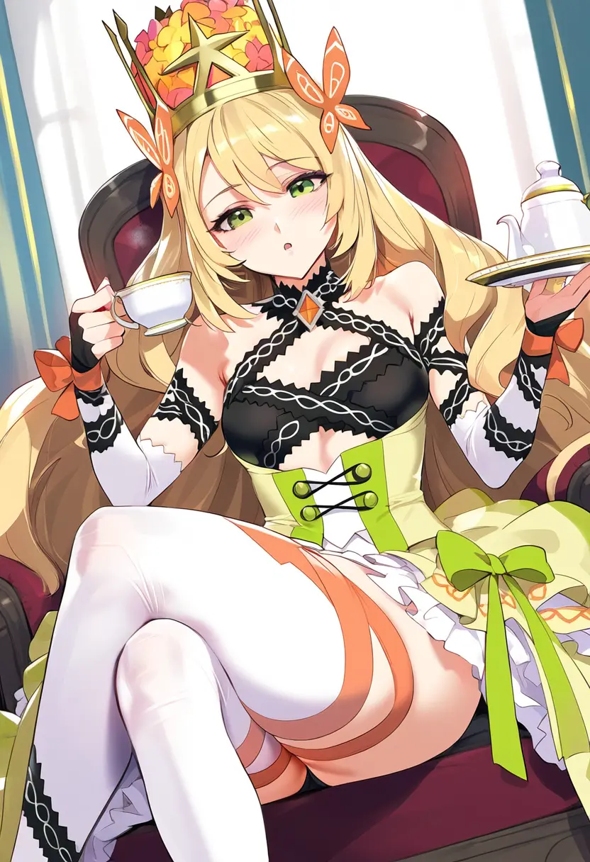 Image blush,female,ai_generated,blonde_hair,green_eyes,teenager,teenage_girl,:o,fire_emblem,princess,fire_emblem_engage,crown,royalty,tharkica,celine_(fire_emblem)