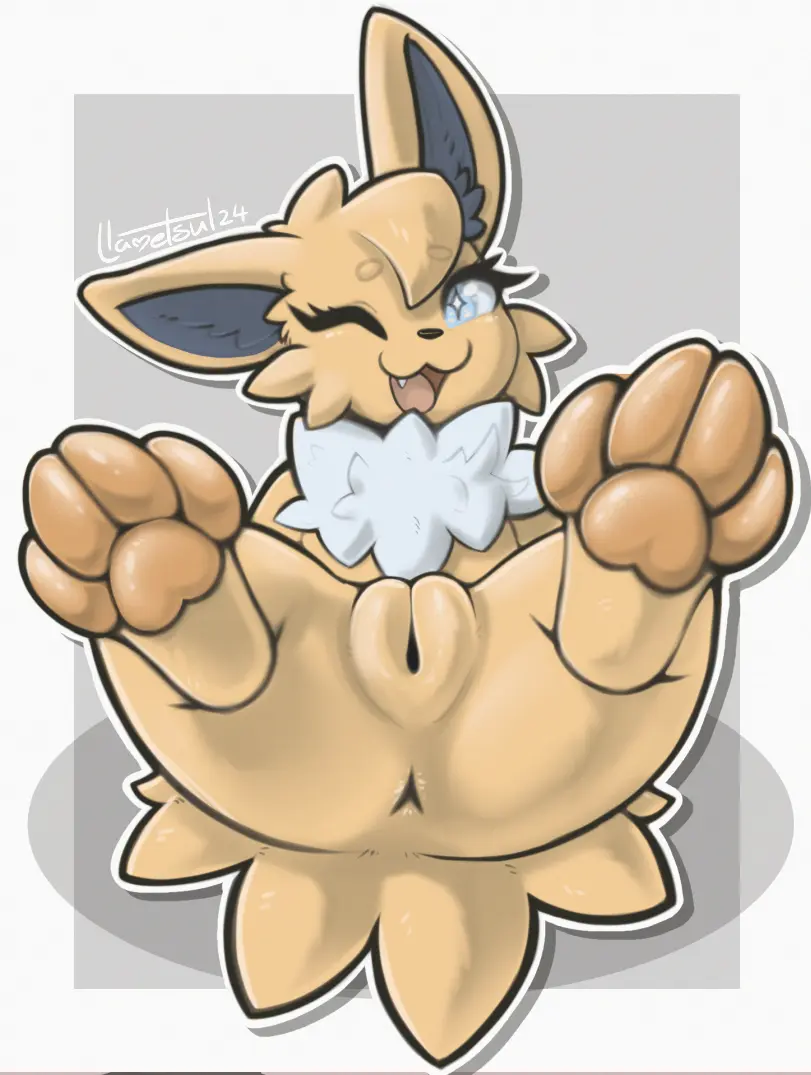 Image female,looking_at_viewer,open_mouth,simple_background,solo,eeveelution,pokemon,pokemon_(species),pussy,tail,ass,digital_media_(artwork),eyelashes,anus,spread_legs,spreading,one_eye_closed,wink,nintendo,fur,genitals,paws,2024,signature,generation_1_pokemon,llametsul,jolteon