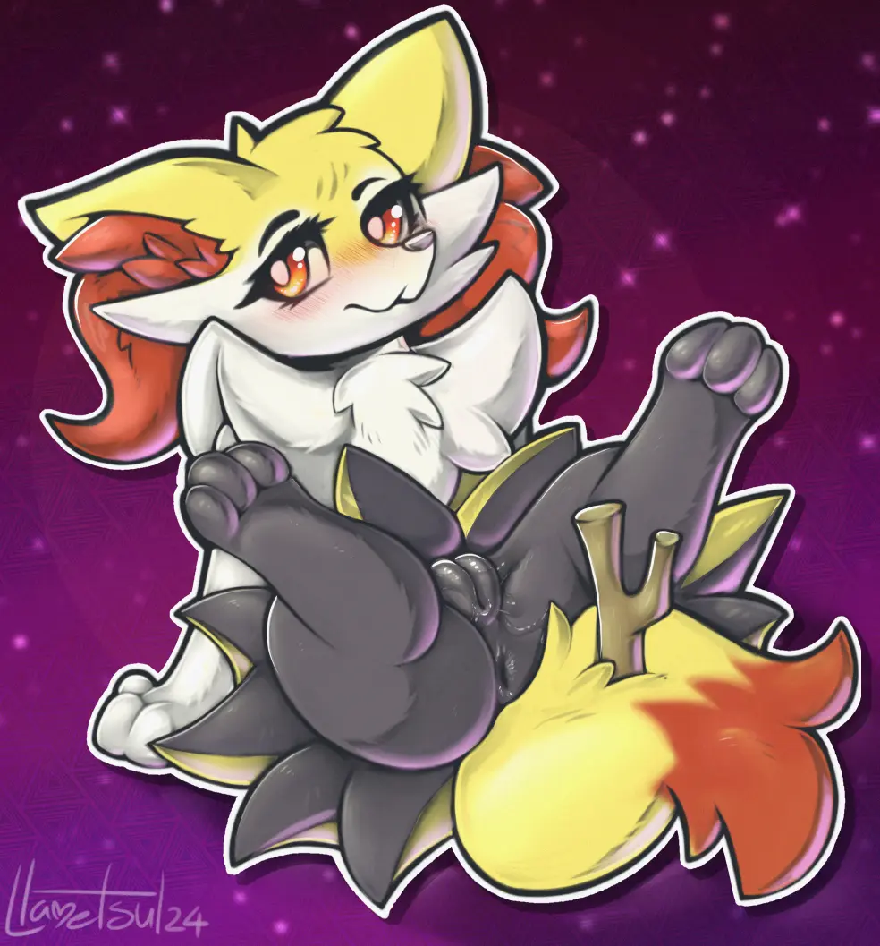 Image blush,female,looking_at_viewer,solo,pokemon,pokemon_(species),pussy,digital_media_(artwork),eyebrows,eyelashes,anthro,anus,spread_legs,spreading,nintendo,genital_fluids,bodily_fluids,genitals,2024,generation_6_pokemon,signature,vaginal_fluids,braixen,llametsul