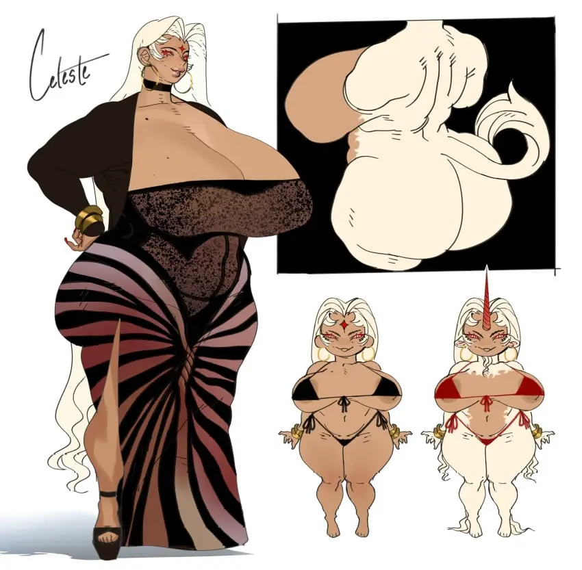 Image 1girls,breasts,female,simple_background,solo,standing,very_long_hair,bikini,thick_thighs,cleavage,gigantic_breasts,blonde_hair,dress,lips,original,high_heels,black_dress,bracelet,full_body,plump,1_horn,character_sheet,spiral_eyes,ringed_eyes,forehead_mark,celeste_(chanxswan),chanxswan